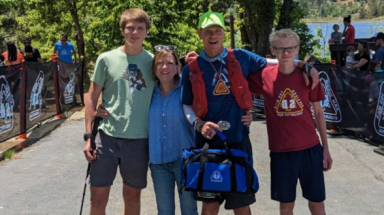 Joseph Seeley (’94) with his wife, Monica (Heithaus ’96), and sons Winston and Benedict upon completing the San Diego 100 endurance trail run in June